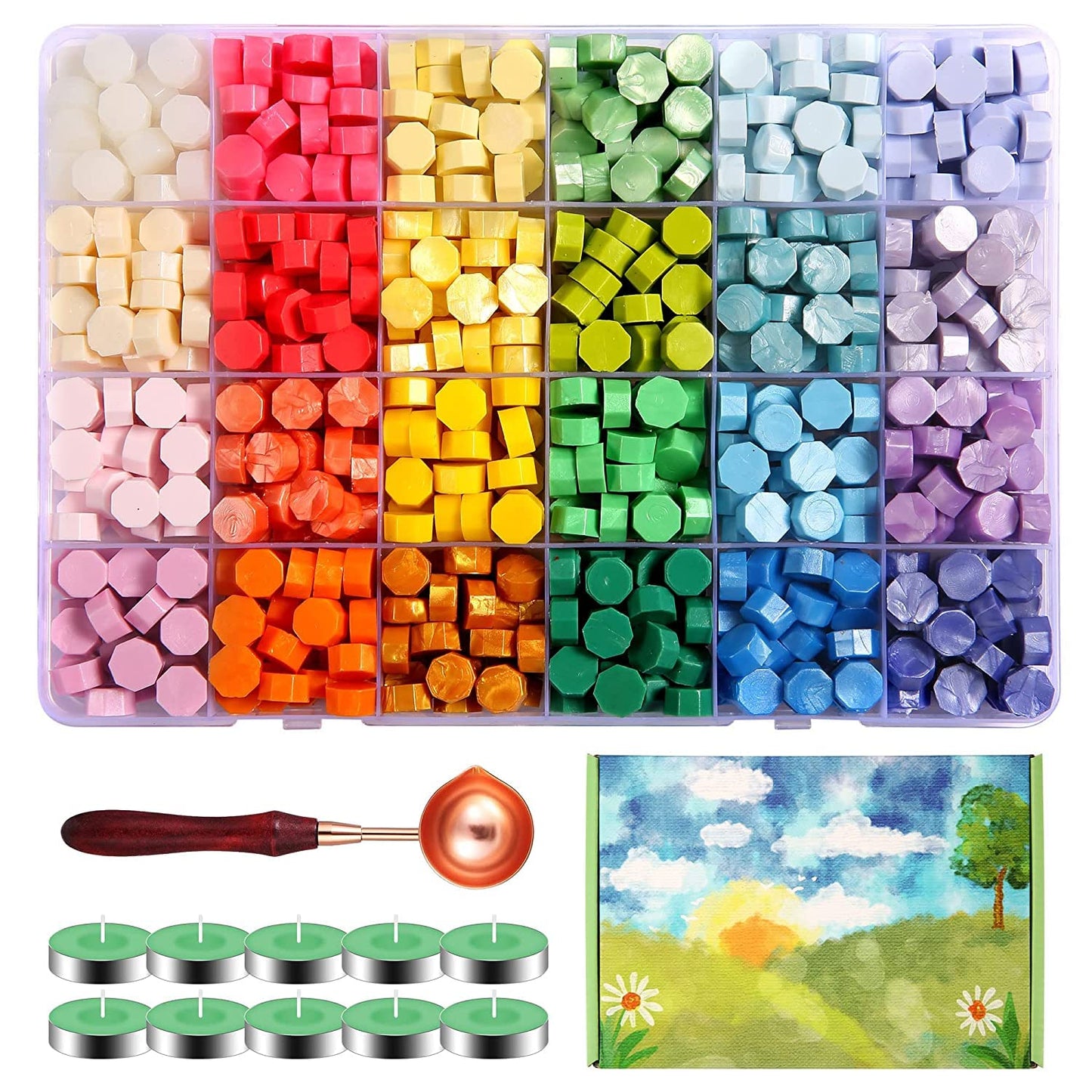 Comealltime 630Pcs Sealing Wax Beads, Spring Garden Theme Wax Seal Stamp Kit with 1Pcs Melting Spoon, 10Pcs Tea Light Candles with Gift Box(Spring Garden)