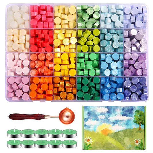 Comealltime 630Pcs Sealing Wax Beads, Spring Garden Theme Wax Seal Stamp Kit with 1Pcs Melting Spoon, 10Pcs Tea Light Candles with Gift Box(Spring Garden)