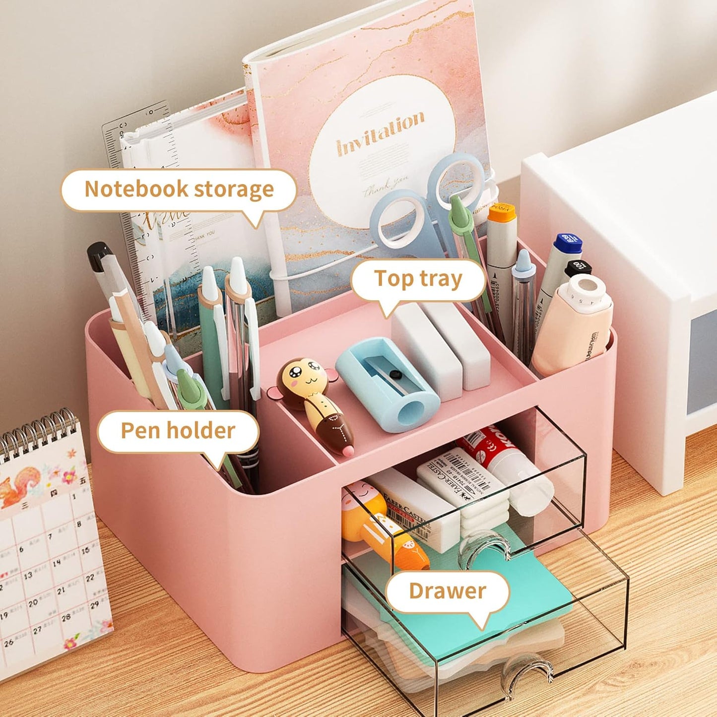 Marbrasse Pen Organizer with 2 Drawer, Multi-Functional Pencil Holder for Desk, Desk Organizers and Accessories with 5 Compartments + Drawer for Office Art Supplies (Pink)