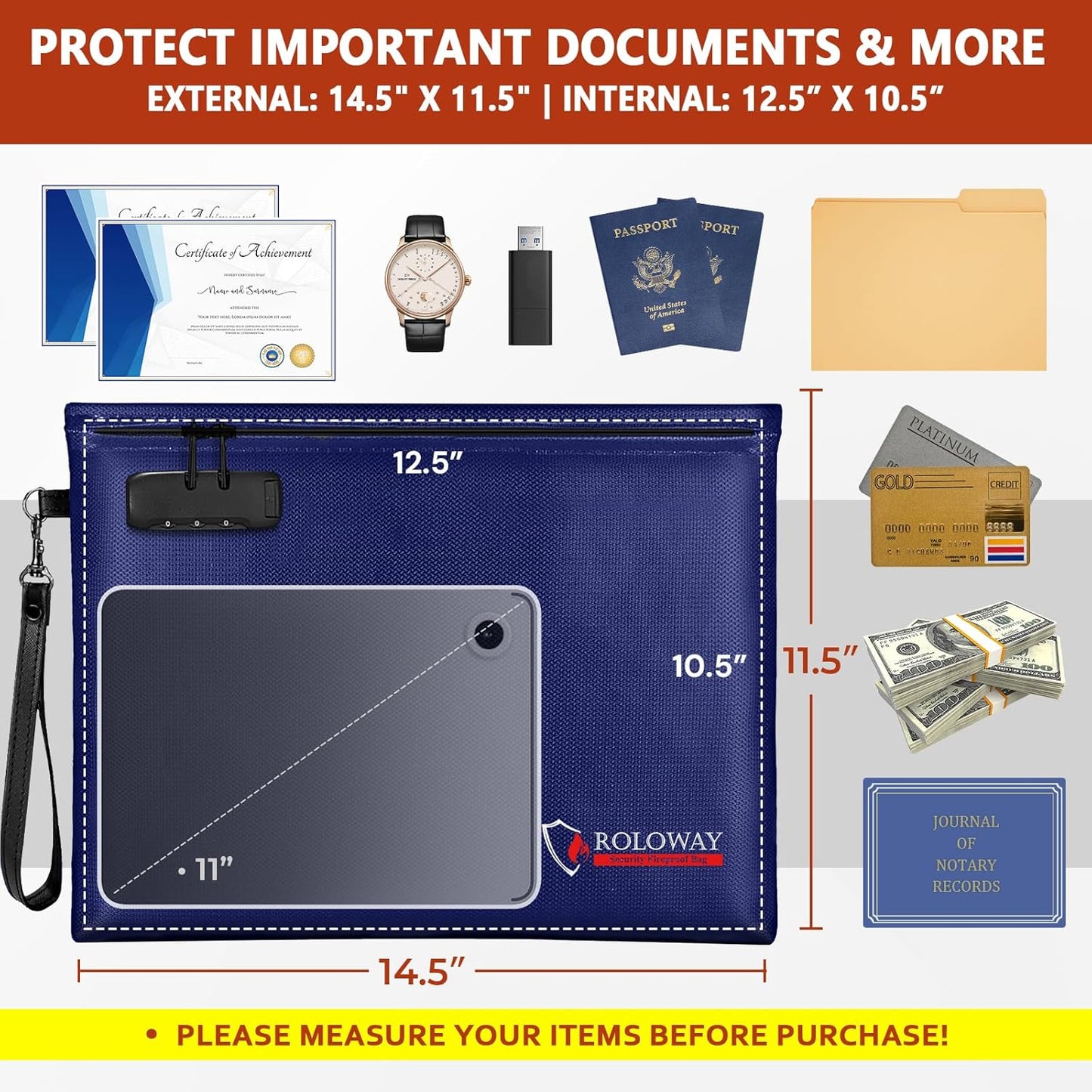 ROLOWAY Fireproof Document Bag (14.5 x 11.5 inch), 6400℉ Fireproof Money Bag with Zipper for Cash, Fire Safe Money Pouch with Lock (Blue)