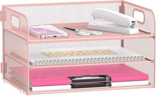 Daltack 3-Tier Paper Organizer with Handle, Mesh Desk Organizer Letter Tray, Paper Tray Organizer File Organizer for A4 File Folder, Pink