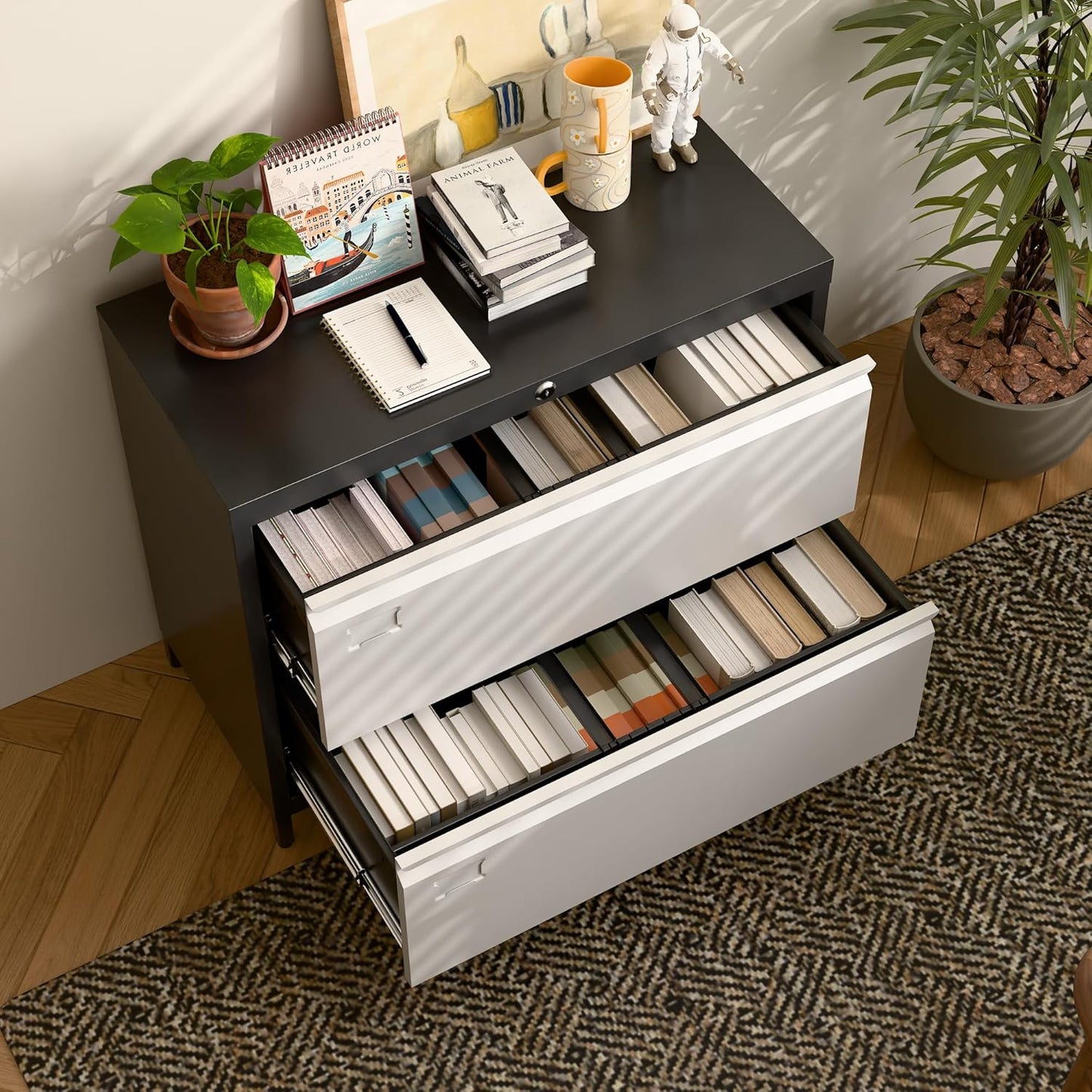 Metal Lateral File Cabinet with 2 Drawers, Wide Lateral Filing Cabinet with Lock for Hanging Files Letter/Legal/F4/A4 Size for Home Office School, Black and Grey, Assembly Required