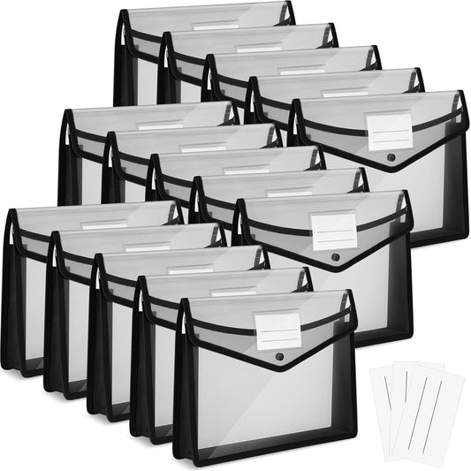 Teling 15 Pieces Plastic File Folders Envelope Expanding File Wallet Document Folder A4 Colorful Document Organizer with Button Closure and Pocket Waterproof File Pouch for Home Work (Black)