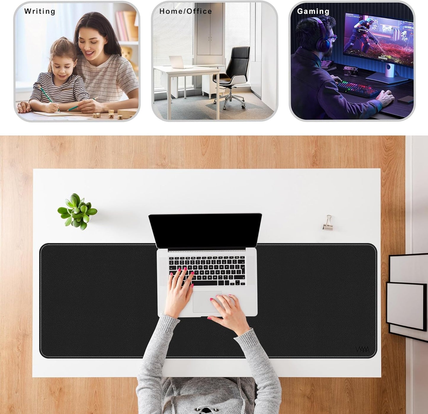 Vyaaa Cork & Leather Desk Mat, 47.2" x 15.7" Dual Sided Leather Desk Pad, Large Mouse Pad ，Waterproof Extra Large Desk Mat, Desk Mats on top of Desks for Home or Office (Black)