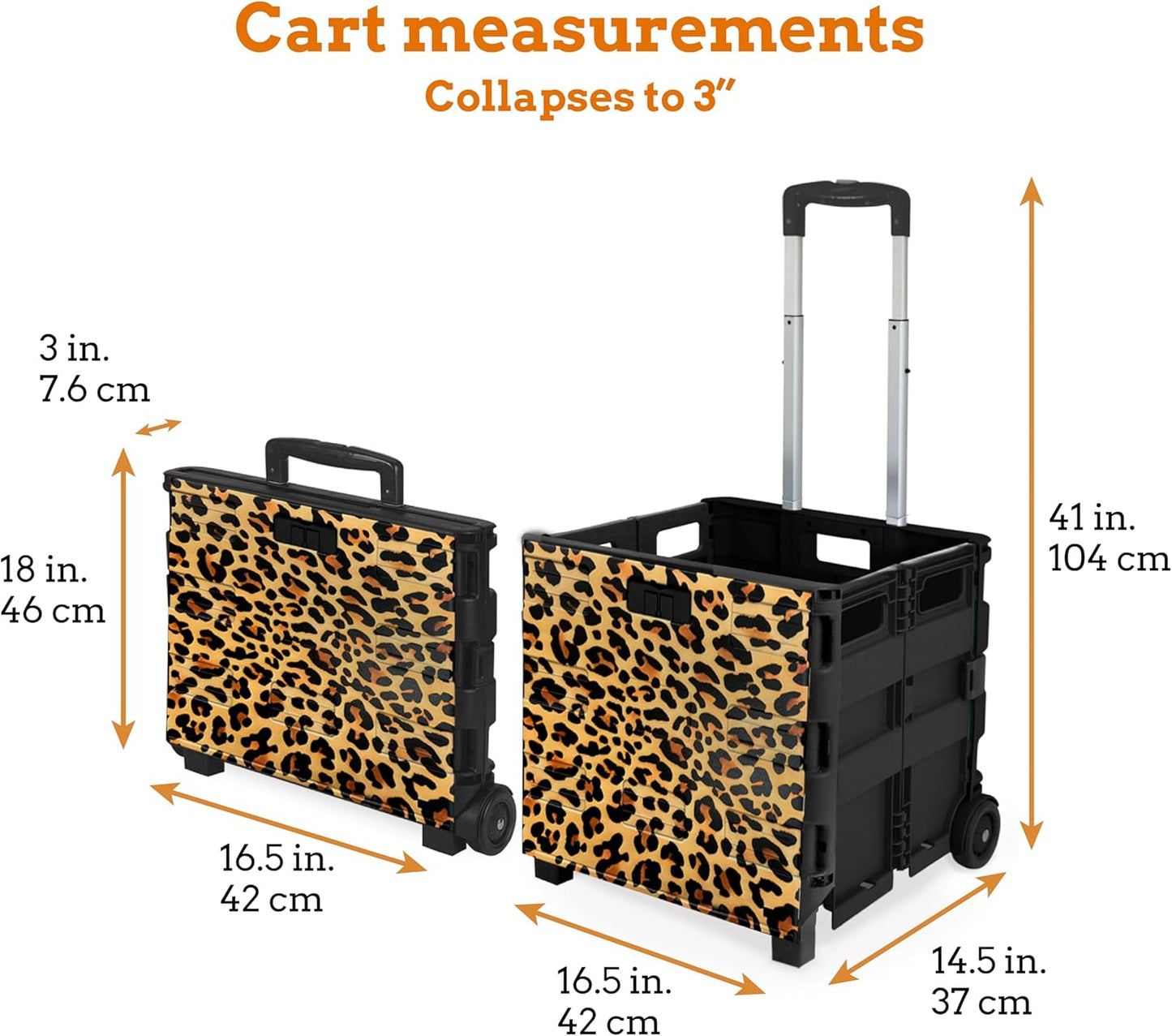Inspired Living Ultra-Slim Rolling Collapsible Storage Pack-N-Roll Utility-carts, with Telescopic Handle, for Home, Garden, Shopping, Office, School use, Large, Leopard