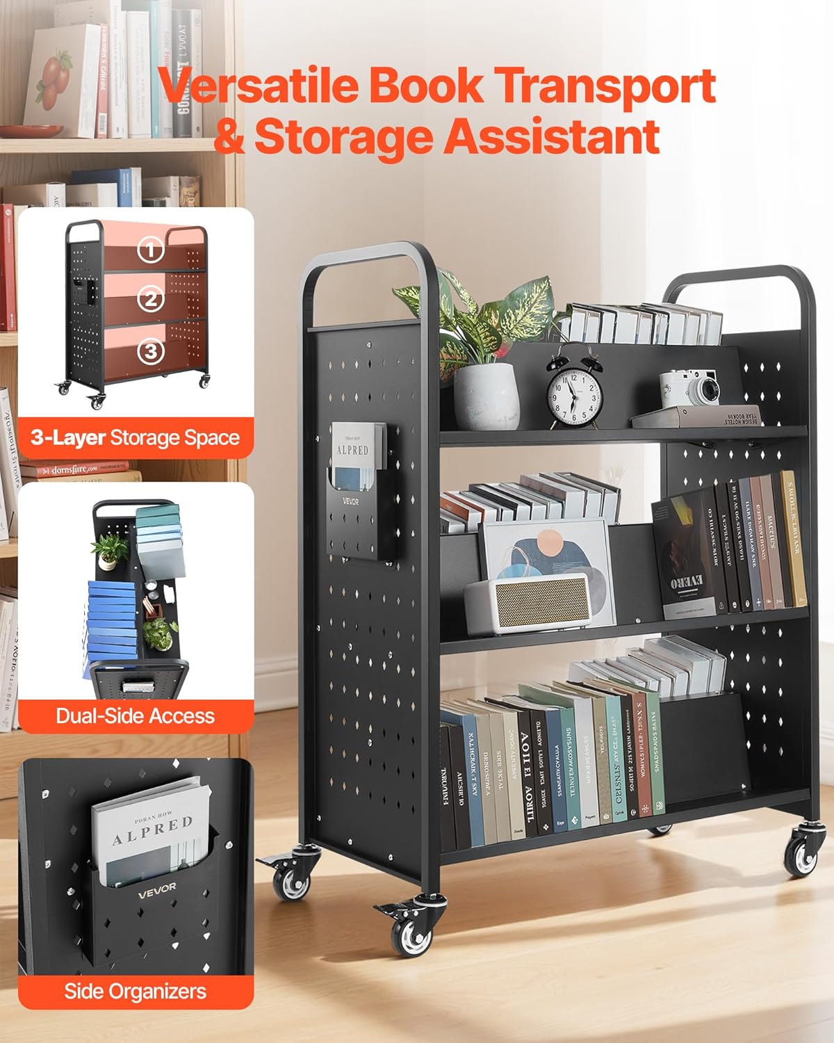 VEVOR Rolling Library Book Cart, 330 lbs Capacity, 38.2 x 20.3 x 48.2-Inch Library Cart, Double Sided W-Shaped Shelves with 3-Inch Lockable Wheels, Book Truck for Home Shelves Office and School, Black