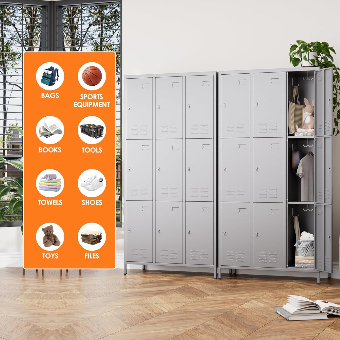 9 Doors Metal Locker with 27 Hooks and Business Card Holder,Metal Lockers for Employees with Ventilation Holes for School Office Gym Garage,Assembly Required,Dark Grey