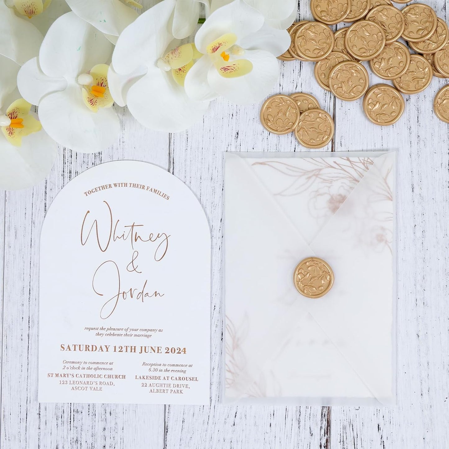 UNIQOOO Wax Seal Stickers - 3D Magnolia Wedding Invitation Envelope Botanical Seal Stickers, 50 Pcs Self- Adhesive Light Gold Stickers, Perfect for Invitation, Christmas, Gift Wrapping, Party
