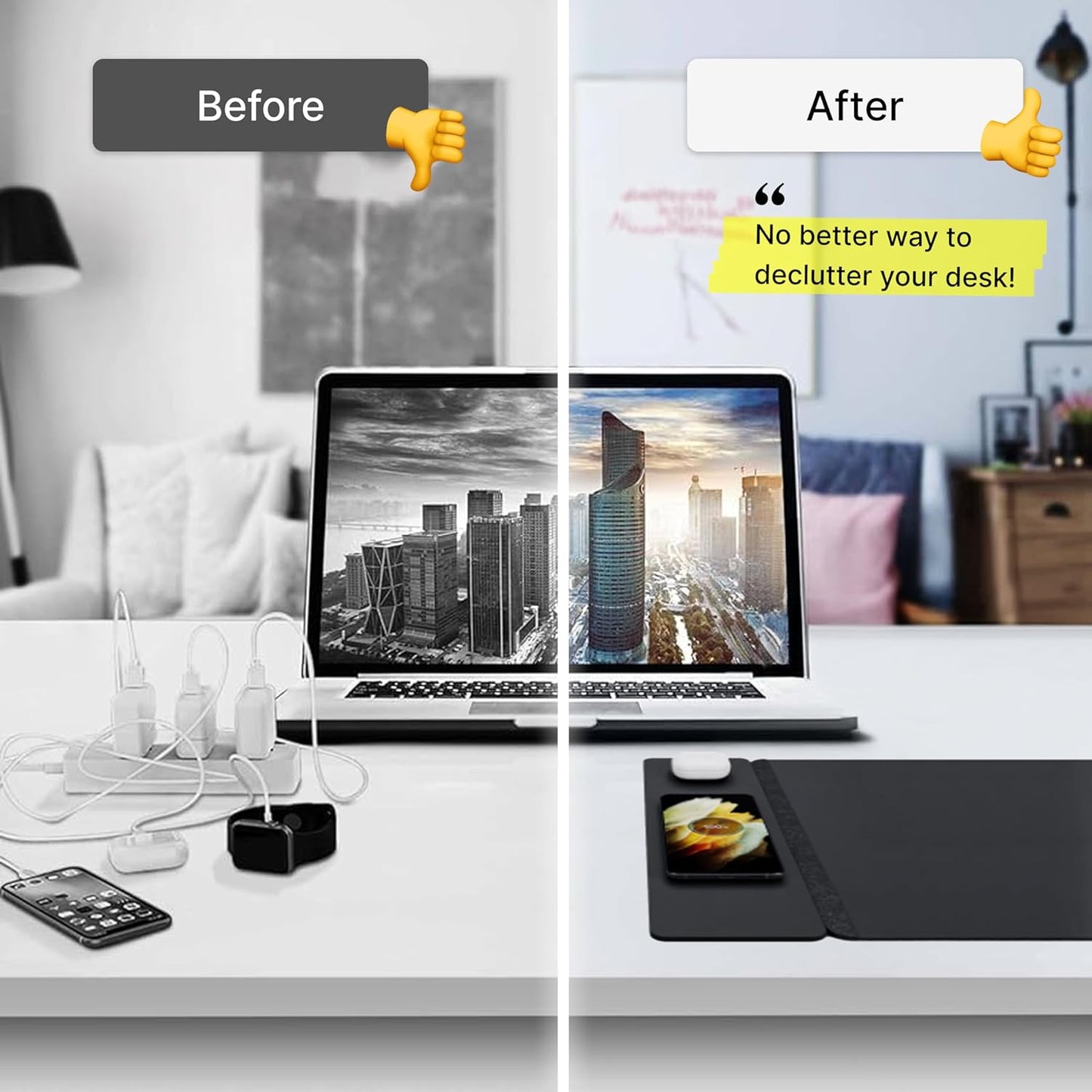 Wireless Charging Desk Pad, Large Non-Slip Reversible Felt & Vegan PU Leather Desk Mat, Waterproof, Detachable Magnetic Panel - Organize, Charge 2 Devices, Apple & Android Compatible - Black