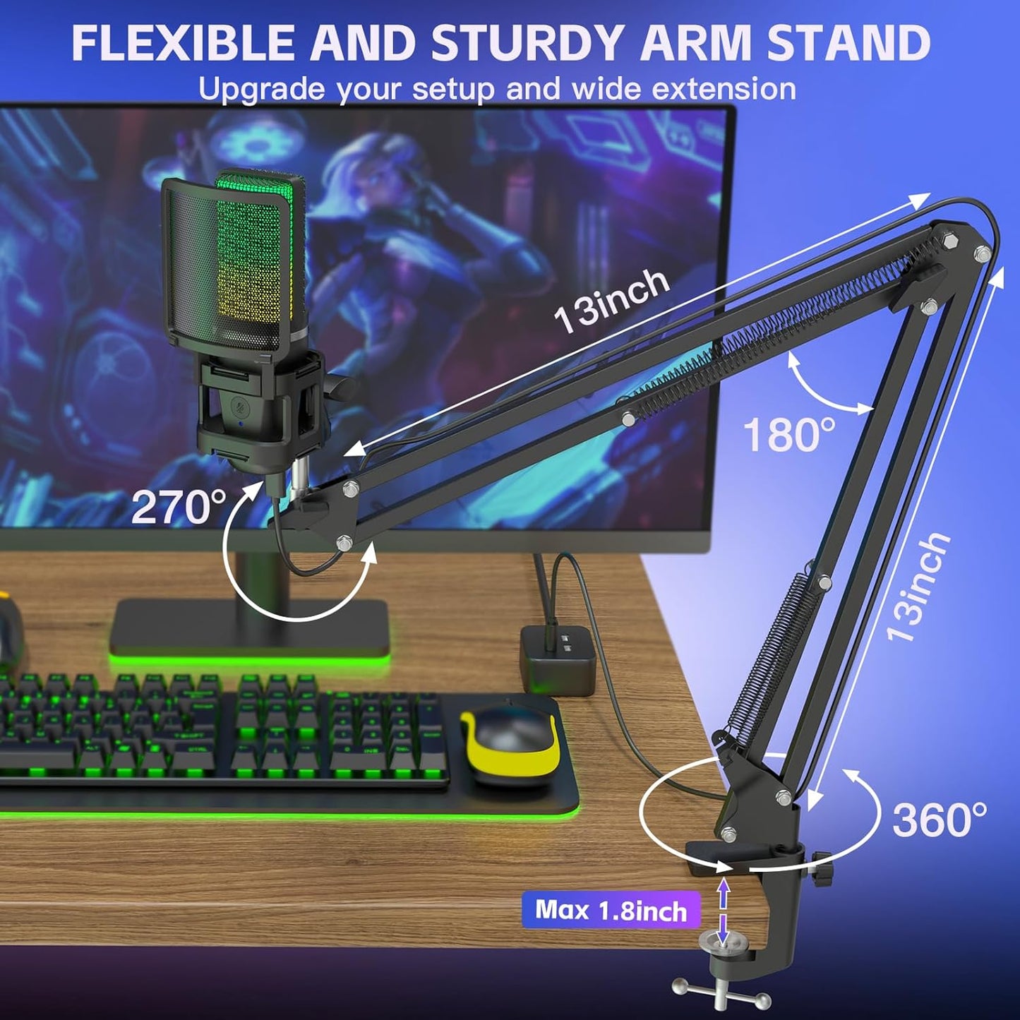 ZealSound Gaming USB Microphone,Noise Cancellation Condenser mic,RGB Microphone with Mute,Gain,Monitoring,Boom Arm,Pop Filter for Phone,PC,Computer,PS4,PS5,Mac,Streaming,Podcast,Twitch,YouTube,Discord