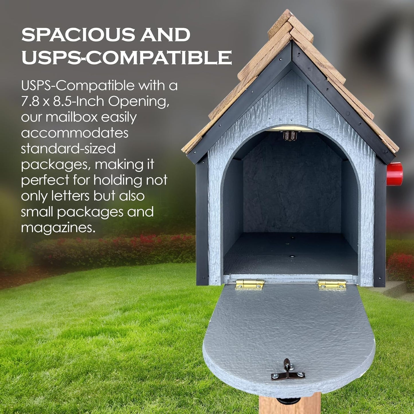 Peaceful Classics Amish Cedar Roof Wooden Mailbox with Window & Door Trim, Handcrafted Mailboxes for Outside, Post Mount Residential Mailboxes - (Dark Gray & White, Wood)