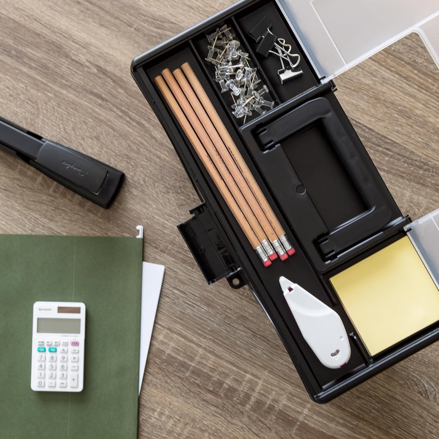 IRIS USA File Box Slim with Lid File Organizer for Letter File w/ Organizer-Lid, Water Resistant Document Box, Plastic Mobile Filing Organizer, Secure Buckle, Portable Handle, Lockable, Black 4 Pack