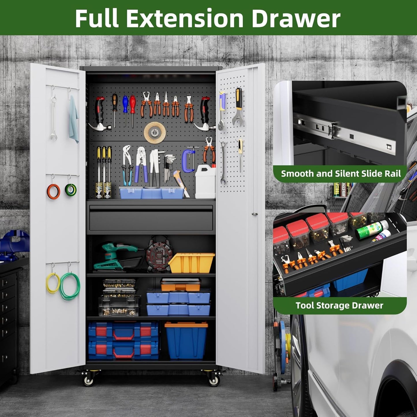 Aobabo Garage Storage Cabinet with Wheels, Metal Tool Storage Cabinet with 1 Drawer for Home,Assembly Required,Black&Grey