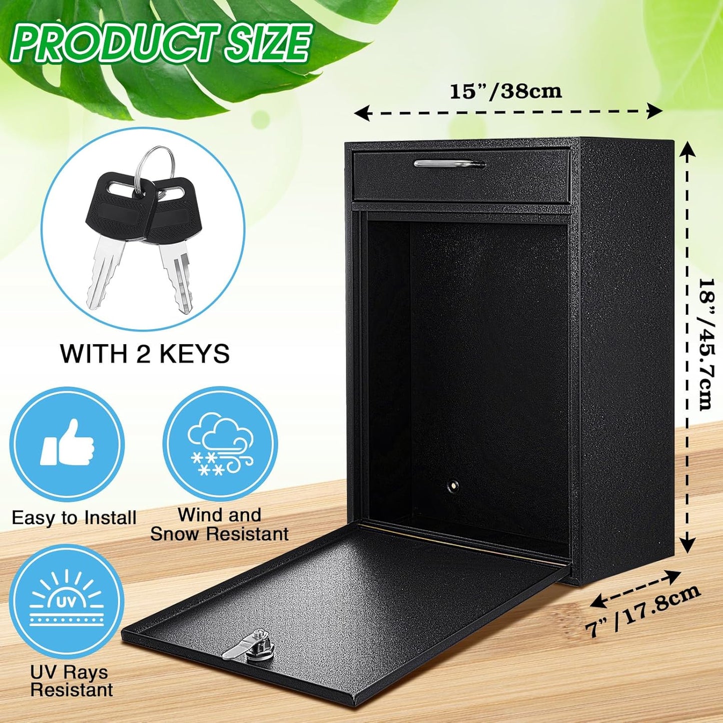 Locking Mailbox with Key for Outdoor 18 x 15 x 7 Inches Large Wall Mount Mail Box with Lock Security Mail Drop Metal Collection Boxes Hanging Secure Postbox(Black)