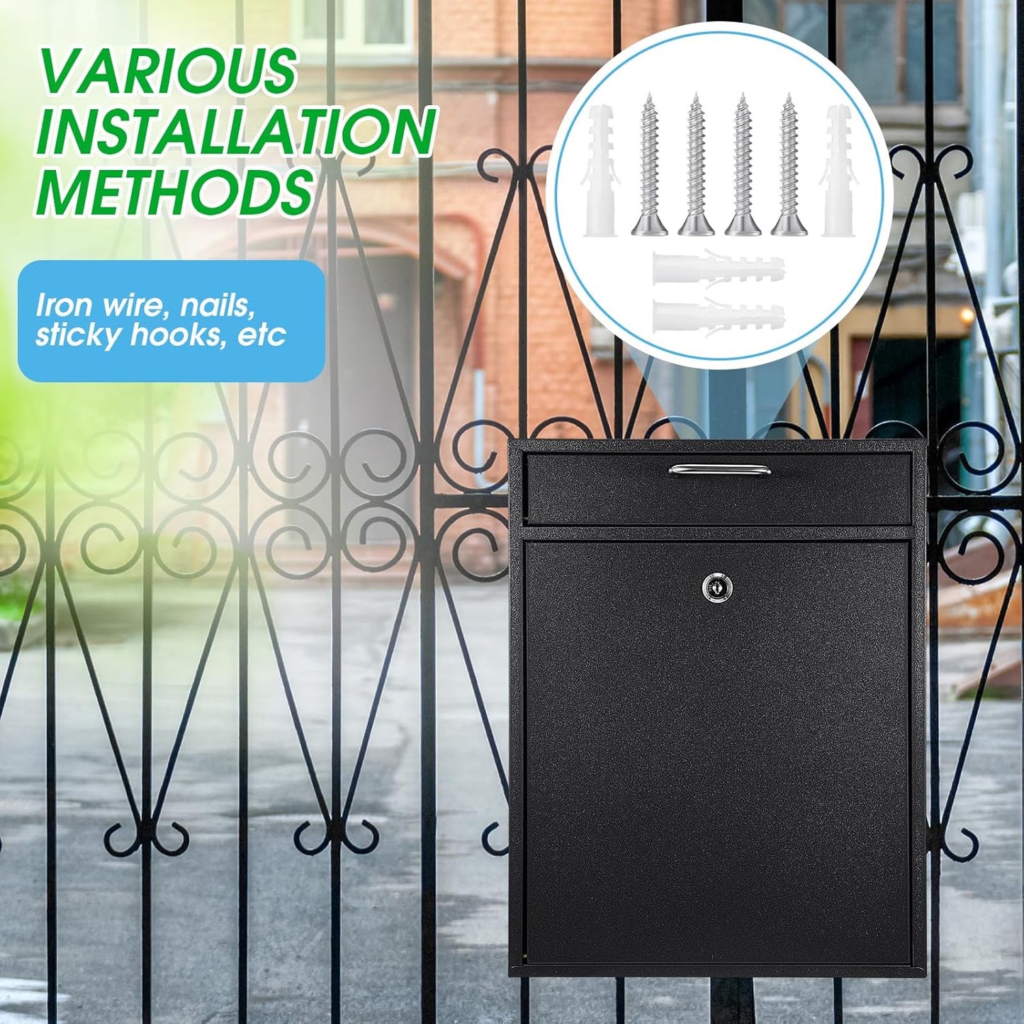 Locking Mailbox with Key for Outdoor 18 x 15 x 7 Inches Large Wall Mount Mail Box with Lock Security Mail Drop Metal Collection Boxes Hanging Secure Postbox(Black)