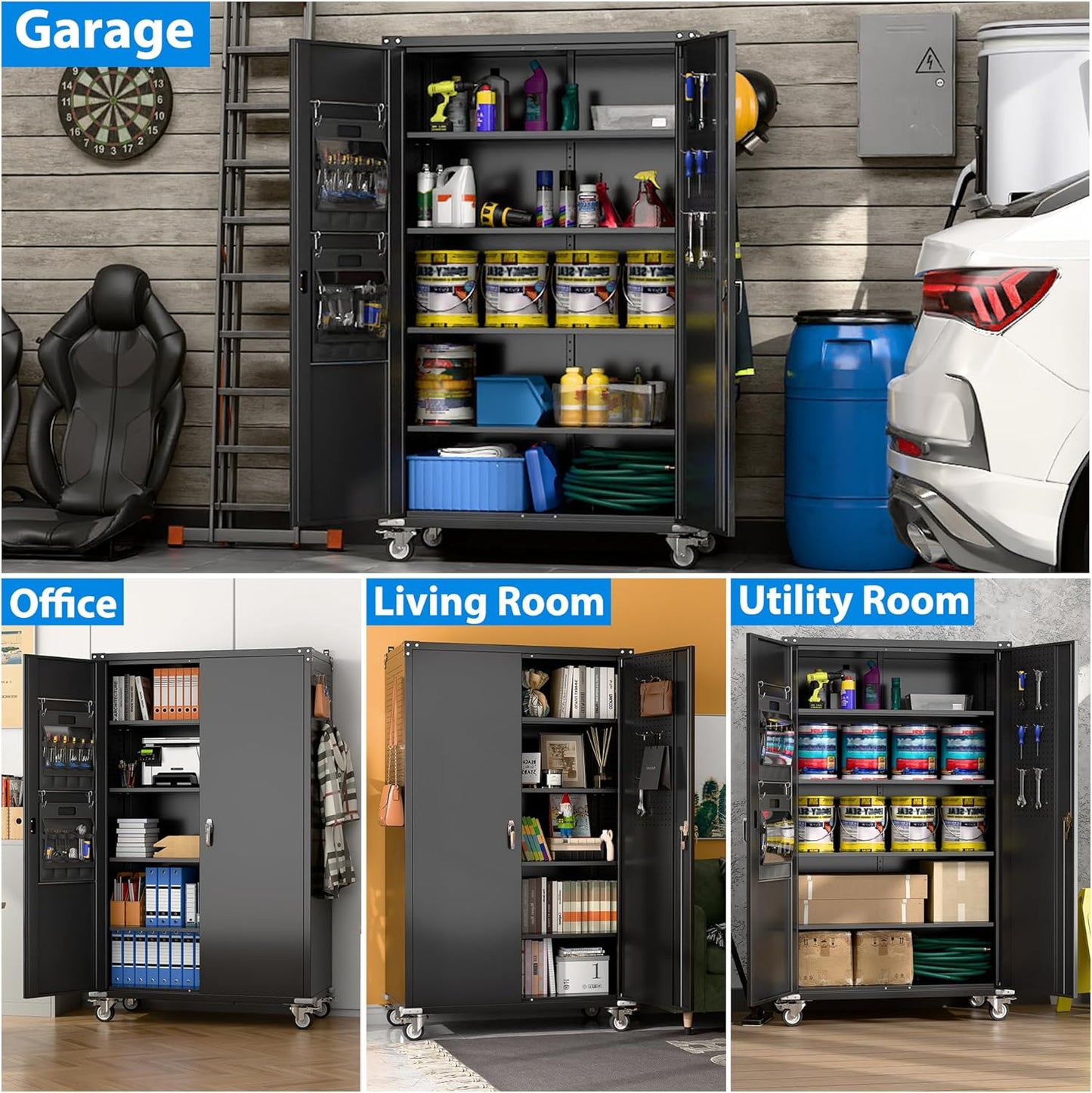 Aobabo Upgraded Wide & Deep Garage Storage Cabinet with Wheels, Metal Storage Cabinet with Door Pegboards and 2 Rod for Garage Home Storage (Black, 43.3''W x 21.9''D x 72''H),Required Assembly