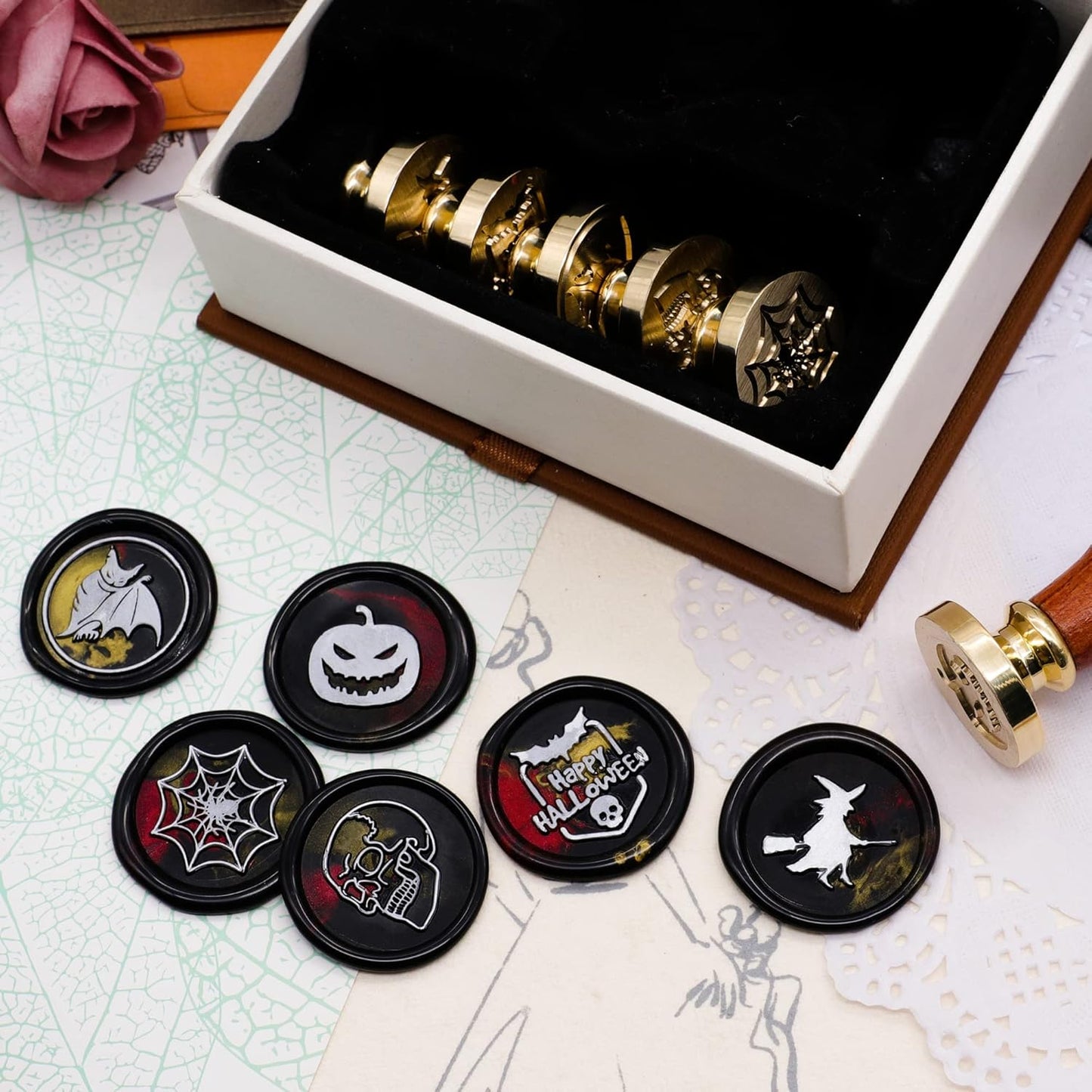 SWANGSA Halloween Wax Seal Stamp Set, Vintage 6 Pieces Sealing Wax Stamp Heads and 1 Wooden Handle for Halloween Party Invitations, Letters, Envelopes, Christmas (Halloween Set)