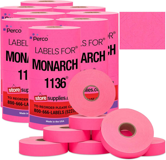 Perco Fluorescent Pink Pricing Labels for Monarch 1136 Price Gun - Case of 8 Sleeves, 112,000 Pricemarking Labels Value Pack