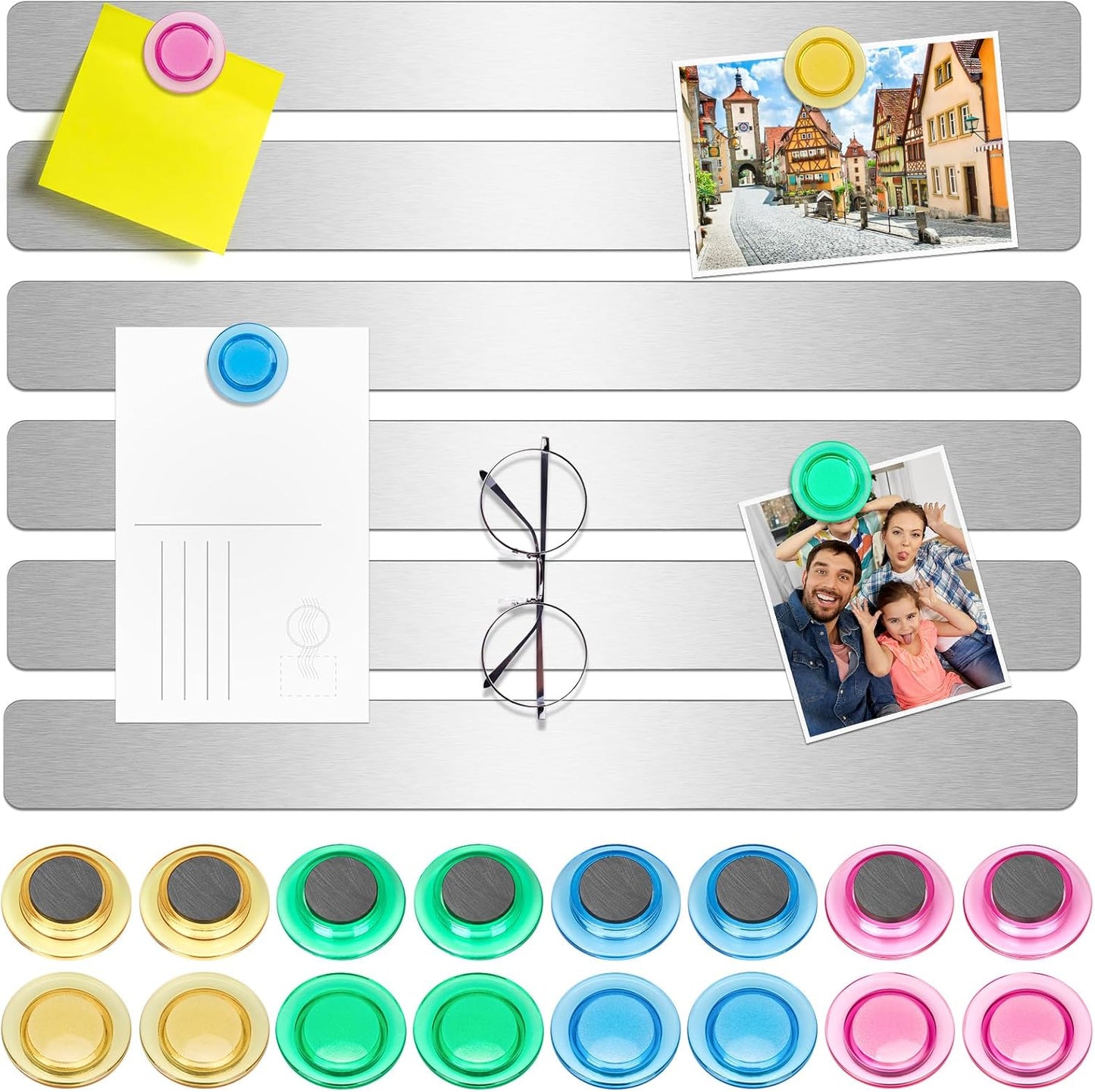 Wukong 8 Pack | 30x3cm(11.81 x 1.18) Magnetic Stainless Silver Boards Strips, Adhesive Backing Bulletin Bar Board, Memo Board with 32Pcs Colorful Magnets for Office, Home, Photo Wall, Documents