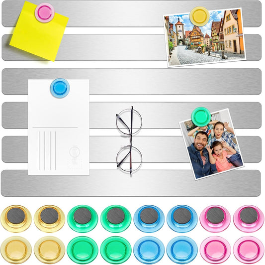 Wukong 6 Pack | 30x3cm(11.81 x 1.18) Magnetic Stainless Silver Boards Strips, Adhesive Backing Bulletin Bar Board, Memo Board with 16Pcs Colorful Magnets for Office, Home, Photo Wall, Documents