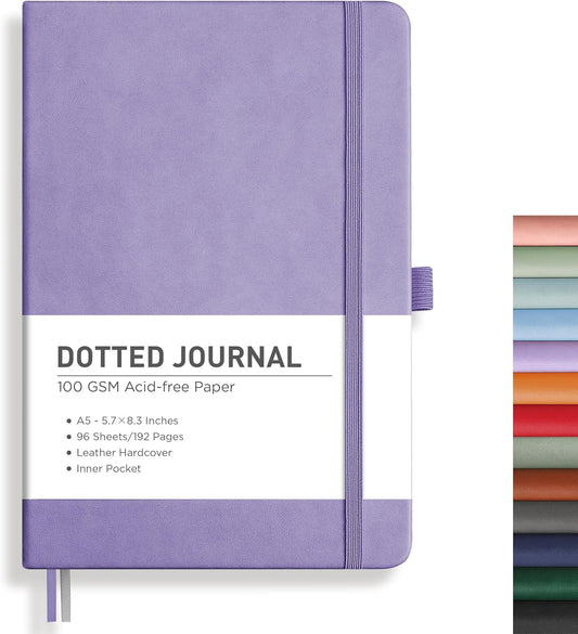 RETTACY Bullet Dotted Journal Notebook, 192 Pages, A5 Medium Size (5.7'' x 8.3''), Leather Hardcover, 100 GSM Thick Paper, for Bullet Journaling, Planning, Tracking (Purple)