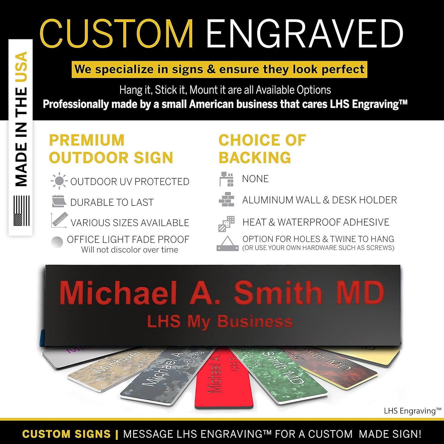 Engraved Name Plates for Door Sign Personalized Black Plastic Plaque with Red Letters - Made in USA 2x4 B19