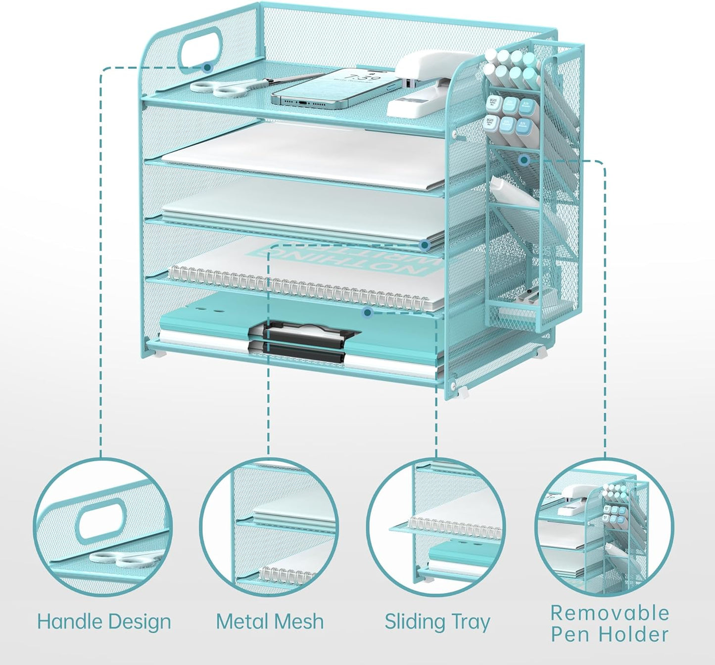 SUPEASY 5 Tier Desk Organizer with Handle & Removable Pen Holders, Mesh Paper/File Organizer for Desk, Paper Letter Tray Organizer for Office Supplies (Blue)