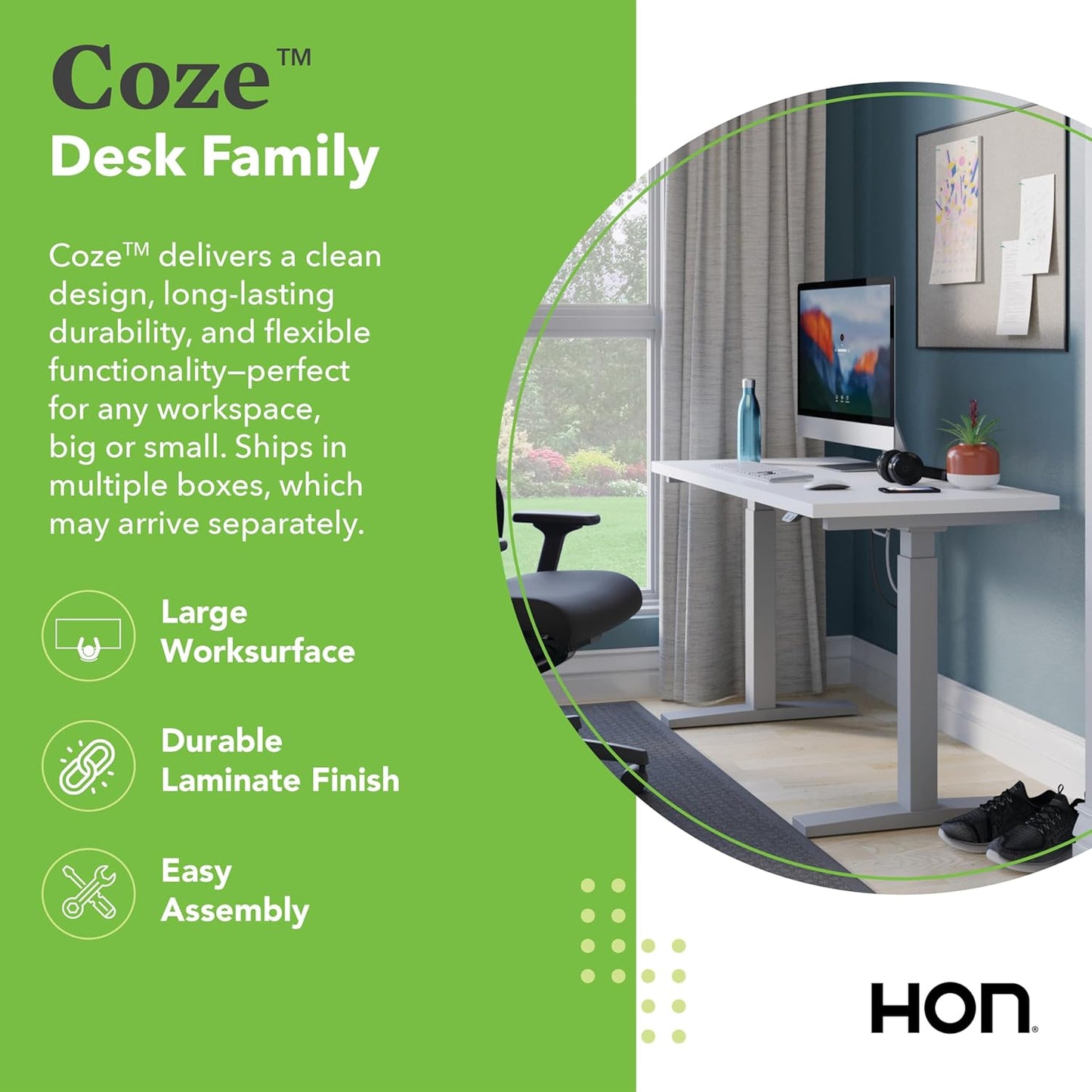 HON Coze Electric Standing Desk Adjustable Height, Coordinate Height Adjustable Desk, 54", White Top, Black Base