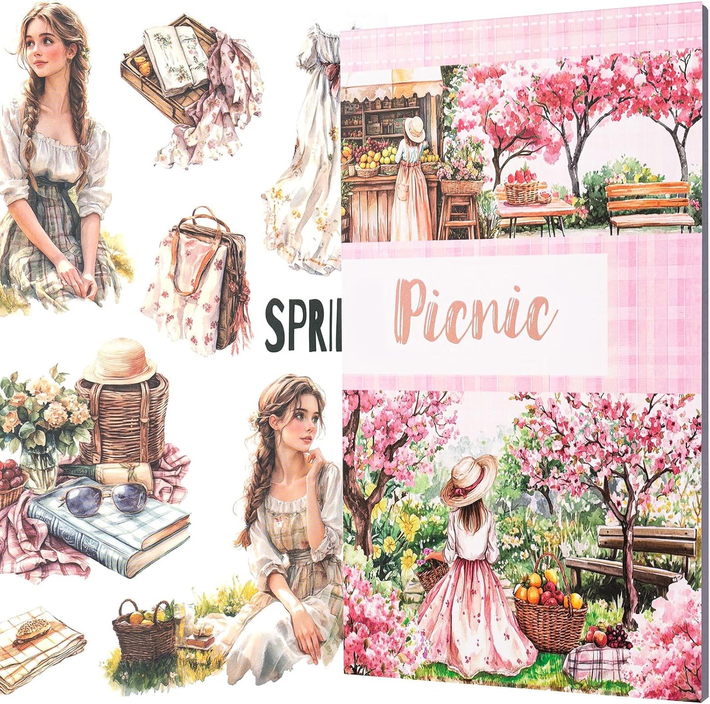 YagCu Scrapbook Sticker Book, Picnic Journaling Stickers, Junk Journal Supplies, Pre-Cut Aesthetic Scrapbooking for Adults, Decorative Ephemera Bullet Planner DIY Arts Craft Collage