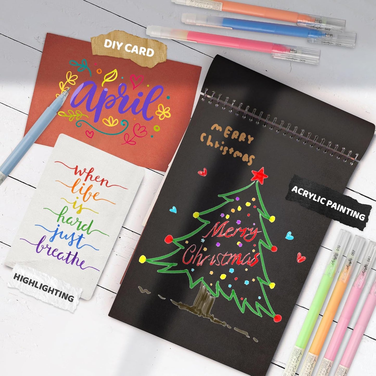 100 Colors 3D Acrylic Gel Pens & Black Paper Sketchbook for Drawing, 1mm Fine Point Acrylic Ink Pen, Opaque Archival Ink Pens for Black Paper Drawing, Sketching, Illustration, Card Making