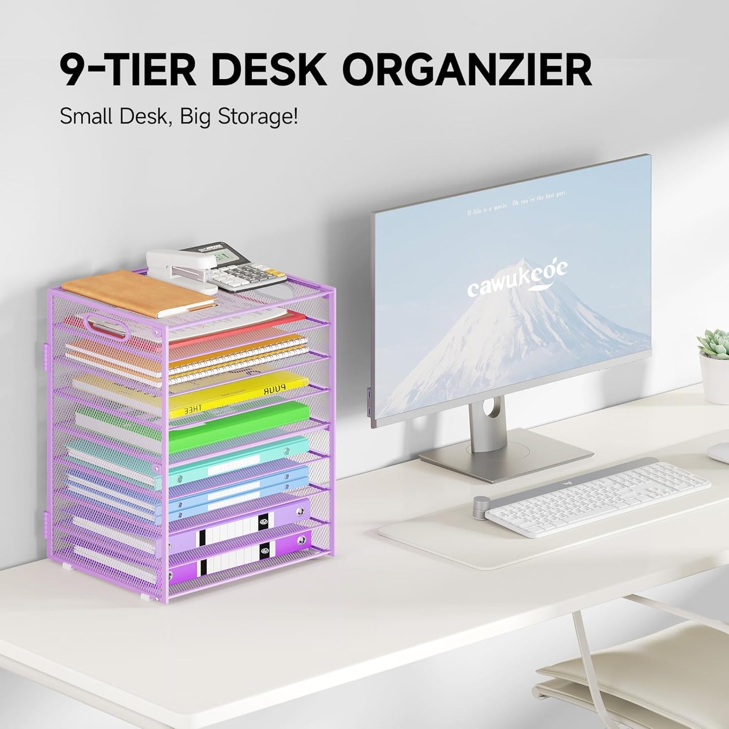 9 Tier Paper Organizer with Handle, Large Capacity Desk Organizer Mesh File Folder Letter Paper Tray Desktop Document Sorter for Classroom, School, and Office Accessories Organization- Purple