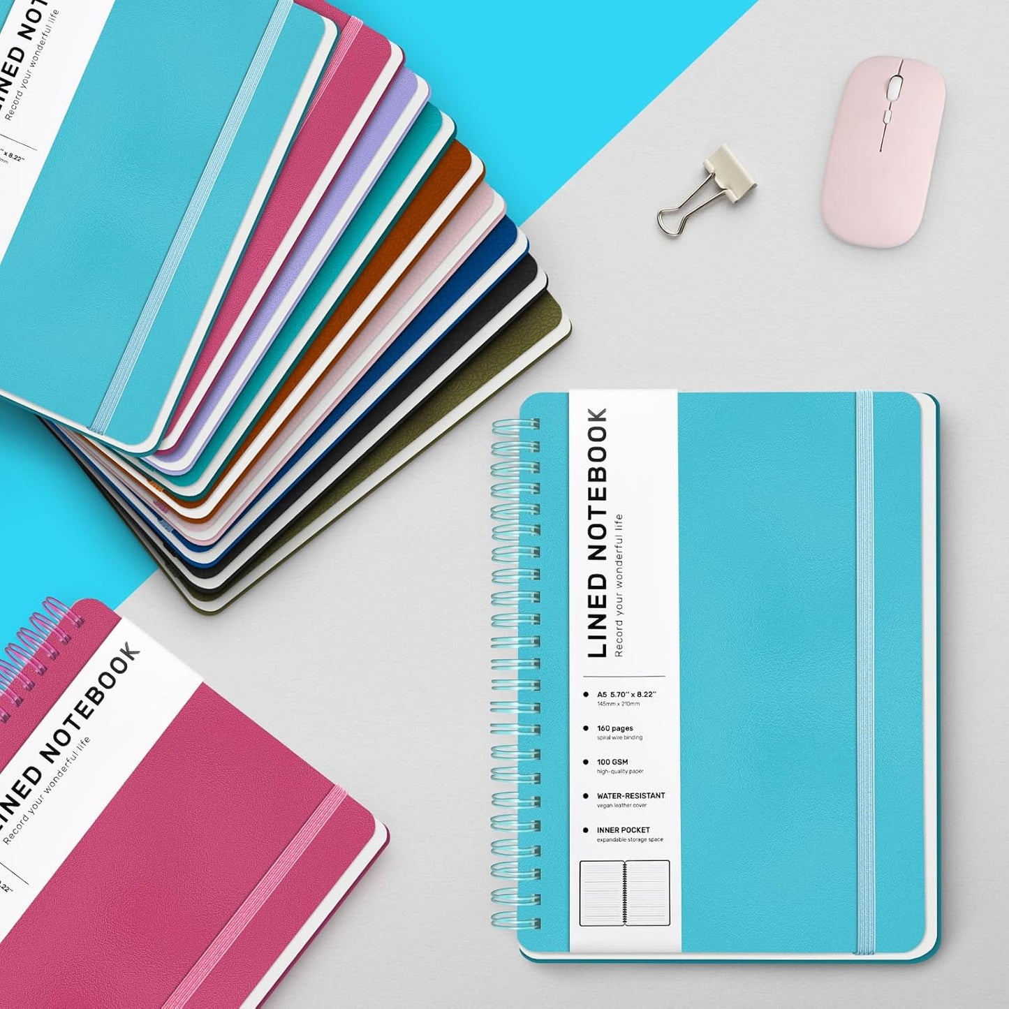 Lined Spiral Journal Notebook, A5 Hardcover Leather Notebook for Work, 5.7''×8.2'', 100GSM Thick Paper Spiral Bound Journaling Notebooks for Women & Men Office School Note Taking Business, Sky Blue