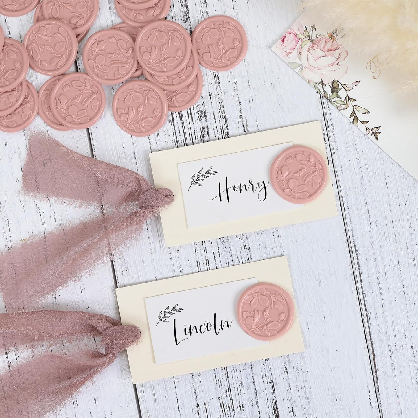 UNIQOOO Wax Seal Stickers - 3D Magnolia Wedding Invitation Envelope Botanical Seal Stickers, 50 Pcs Self- Adhesive Dusty Rose Stickers, Perfect for Invitation, Christmas, Gift Wrapping, Party