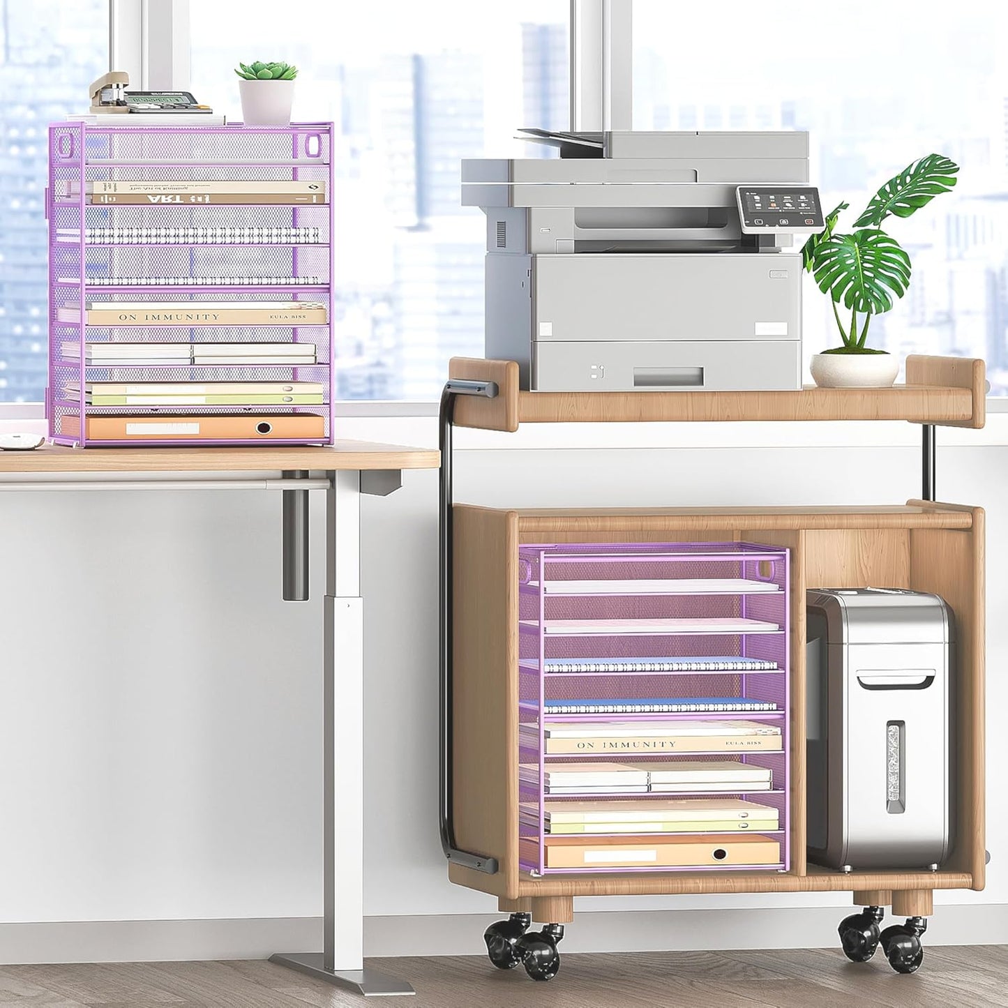 SUBEKYU 9 Tier Paper Letter Tray Desk Organizer with Handles - Purple Metal Mesh File Holder Paper Sorter Desk Organizer for Office Home School, Include 6 Pcs Adjustable Slid Tray, 6 Colors Available