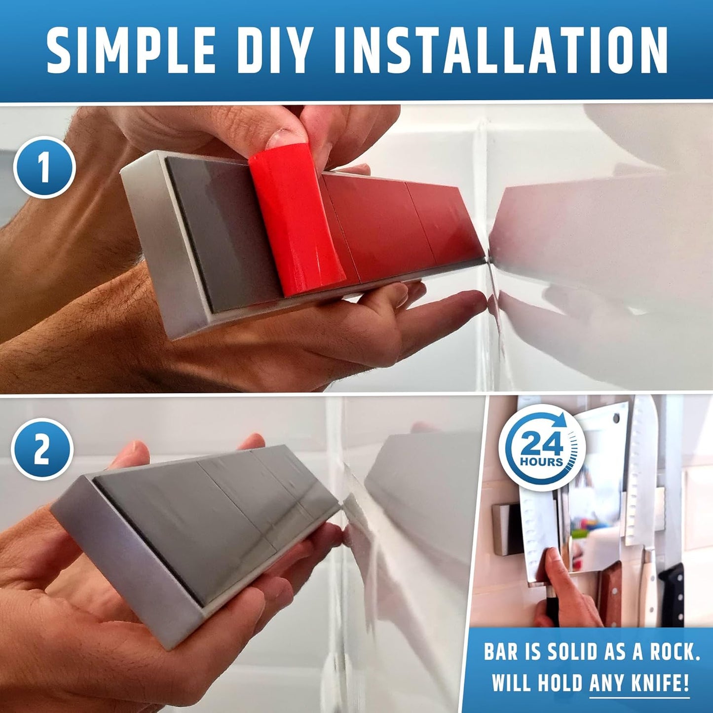 Strong Adhesive (No Drill) Magnetic Knife Holder for Wall - Professional 10 Inch Knife Strip - No Screws Needed - Adhesive Backing - Stainless Steel Bar (Upgraded Version – Will Not Fall)