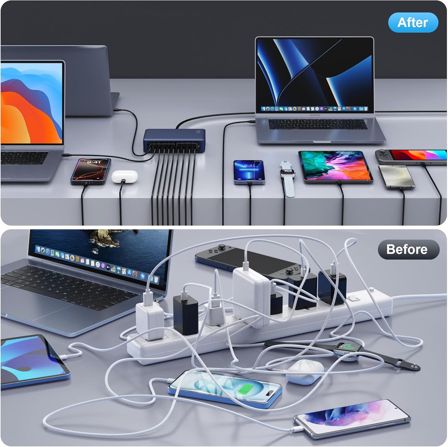 730W USB C Charger Block,10-Ports GaN V Fast Charging Station Hub,QC4.0+3 PD 100W Laptop Charger Wall Power Adapter for MacBook Pro/Air,DELL,iPhone 16/15/14/13,iPad,Galaxy S25,Pixel,Steam Desk-Navy