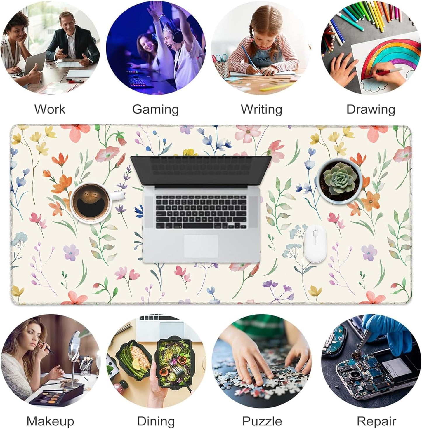 Desk Mat, Colorful Watercolor Floral Large Gaming Mouse Pad with Non-Slip Base Stitched Edges,Desk pad for Keyboard and Mouse Home Office 35.4"x15.7"