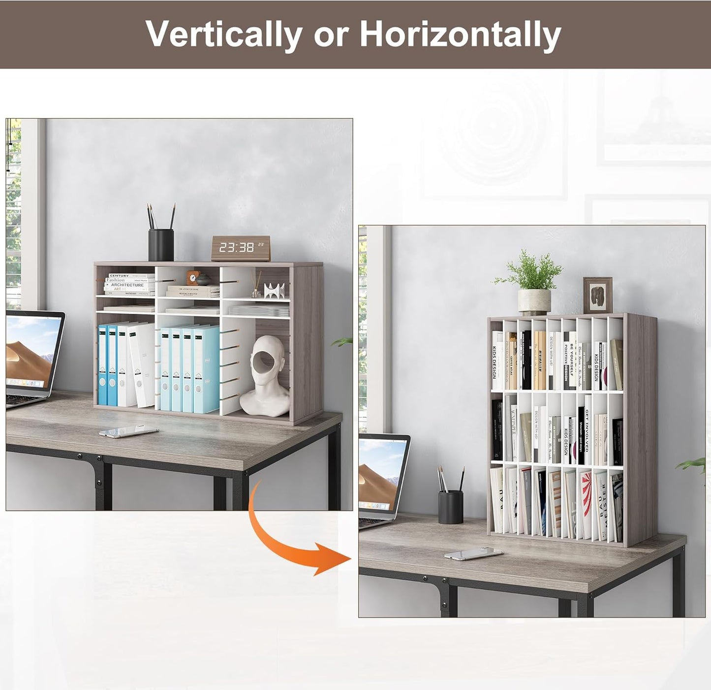 Mail Organizer Countertop, 27 Slots Wooden Desk File Literature Sorter, Adjustable Paper Storage Shelves Document Holder, Space Saving Desktop Mailbox for Office Classroom, Retro Grey/White