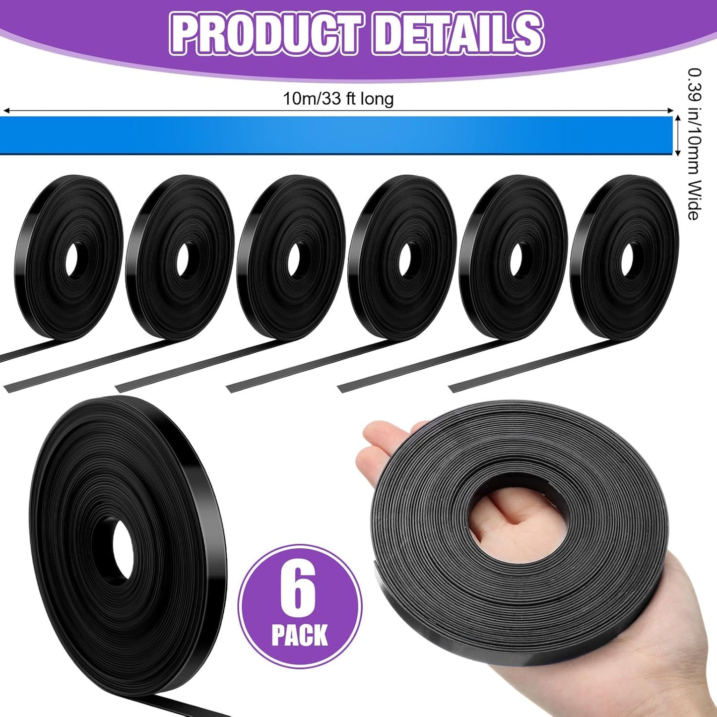 6 Rolls Magnetic Tape Roll Thin Strips, 33 ft Magnetic Whiteboard Graphic Decorative Tape Marking Line Magnet Board Dividers for Classroom Office Art Accessories(Black,0.39 Inch)