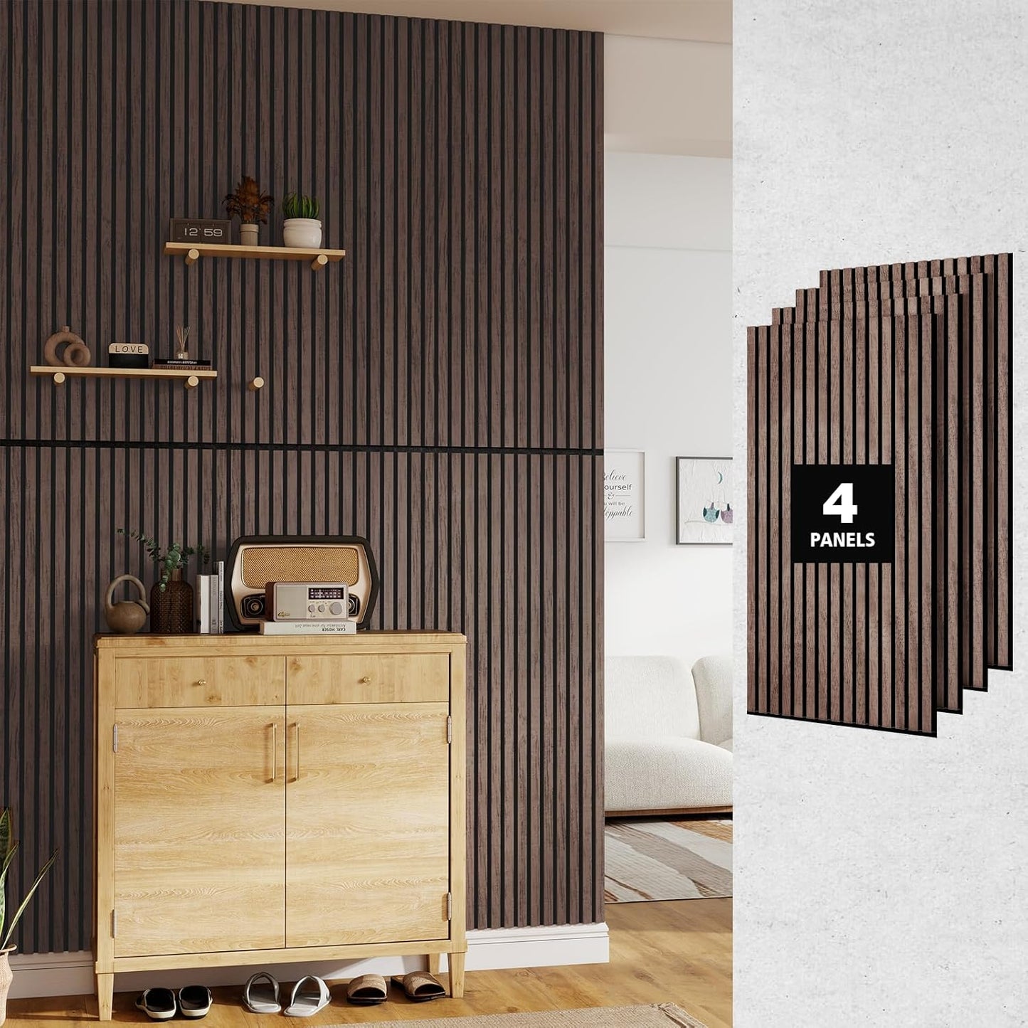 MISSDAY Wood Slat Acoustic Wall Panels, 4 Packs 47.2" x 23.6" Walnut Soundproof Panel For Interior Wall Decor Noise Absorbing-3D Textured Wooden Panel Sound-Absorbing for Home, Office, Studio