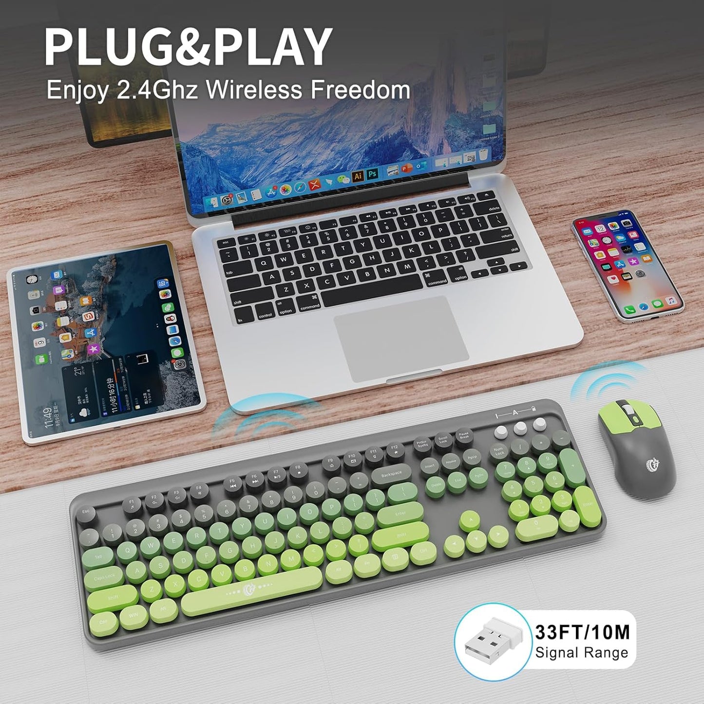 Wireless Keyboard and Mouse Combo, 2.4 GHz Wireless Full-Sized Typewriter Keyboard with Round Keycaps for Windows, Computer, Desktop, PC, Laptop (GreyGreen)