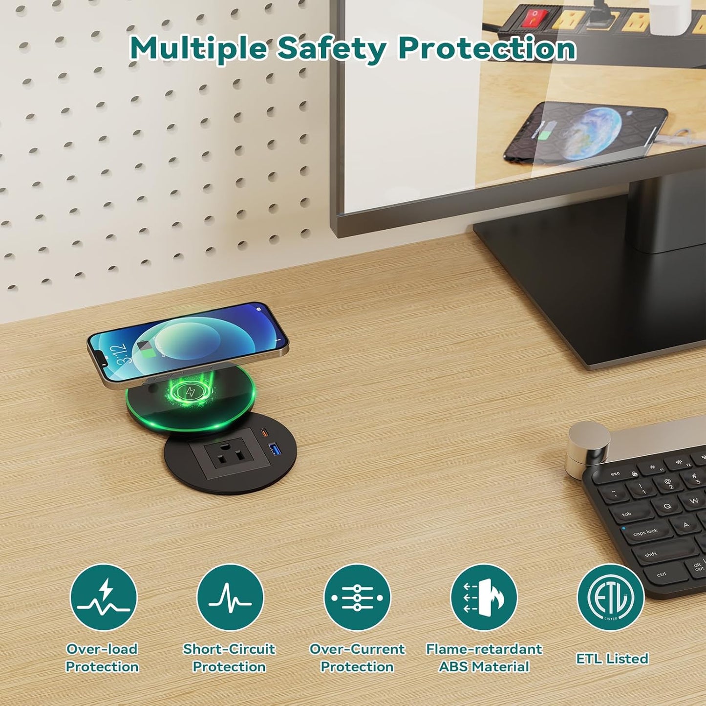 QBA Recessed Power Grommet with 15W Wireless Charger, PD 30W USB-C Port, 1 AC Outlet, 3-1/8 Inch Flush Mount Power Strip for Furniture Nightstand Desk Outlet, ETL Listed