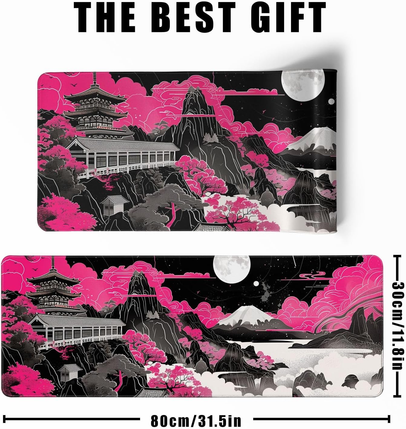 Future Kyoto Mouse Desk Pad Japanese Pink Desk Mat Desk Decor Black White Large Gaming Mouse Pad for Desk Mousepad Computer Office Keyboard Laptop Big Mouse Pad Xl-31.5x11.8 in