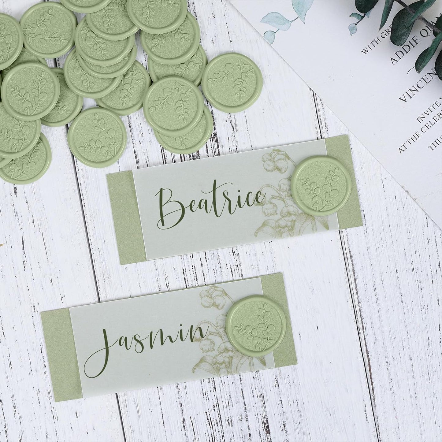 UNIQOOO Wax Seal Stickers - Eucalyptus Leaves Wedding Invitation Envelope Botanical Seal Stickers, 50 Pcs Self- Adhesive Sage Green Stickers, Perfect for Invitation, Christmas, Gift Wrapping, Party