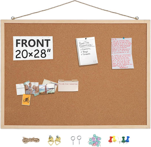 20” x 28” Cork Boards for Walls with Wooden Frame 1pack, Whiteboard and Cork Board Combo Double Sided Office Board for Wall Organizer, Bulletins Board Hanging Pin Board for School Home Office