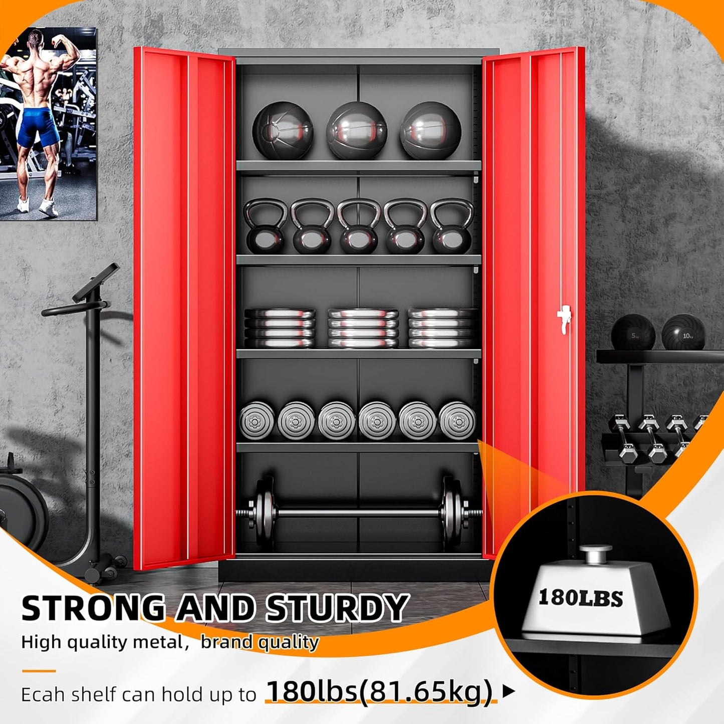 INTERGREAT Garage Storage Cabinet with Lockable Door, 72" H Metal Locking Cabinets with 4 Adjustable Shelves,Black Red Steel Cabinets Storage for Home Office, Warehouse，School