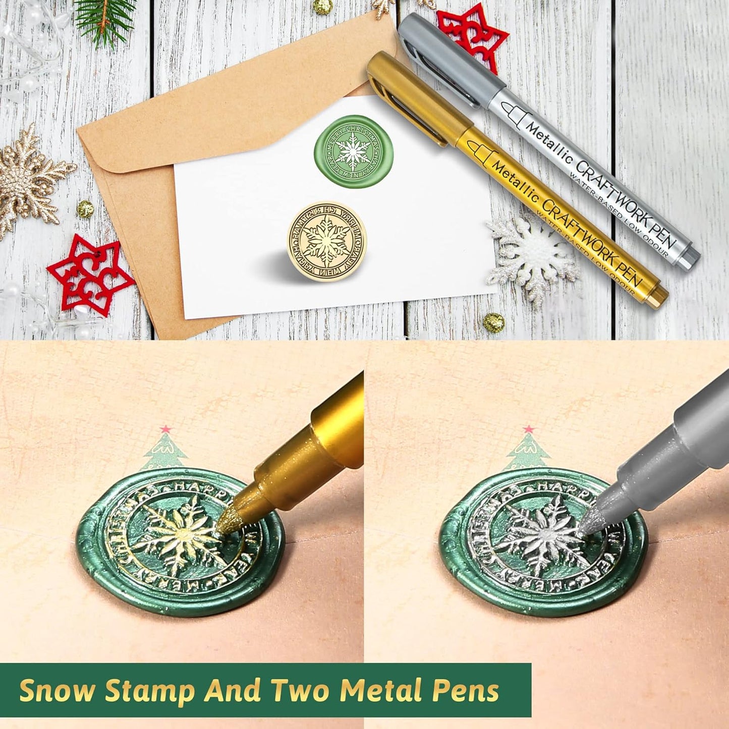 Christmas Wax Seal Kit with Snow Wax Seal Stamp, 25 Colors Wax Seal Beads with Sealing Wax Warmer, Xmas Washi Stickers, Gift Tags, Envelope, Candle, Wax Seal Stamp Kit for Gift and Craft