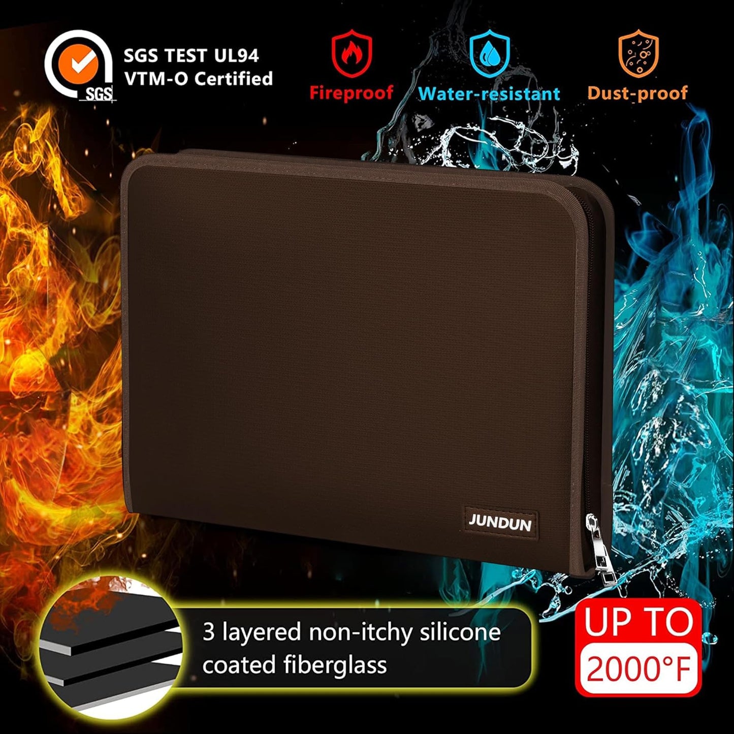 JUNDUN Accordion File Organizer - Fireproof Folder with Zipper & Labels - 12 Pocket Expanding File Folder with Multi-Pockets Paper Folder for Letter A4 Files | Receipt and More (Brown)