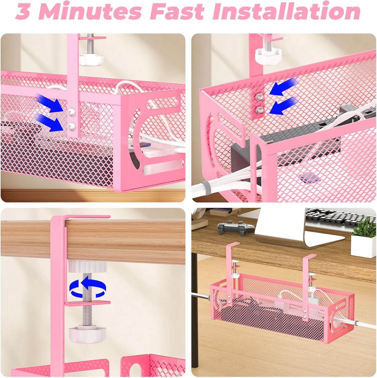 Under Desk Cable Management Tray, 15.7'' No Drill Steel Desk Cable Organizers, Wire Management Tray Cable Management Rack (1 Pack-Pink)