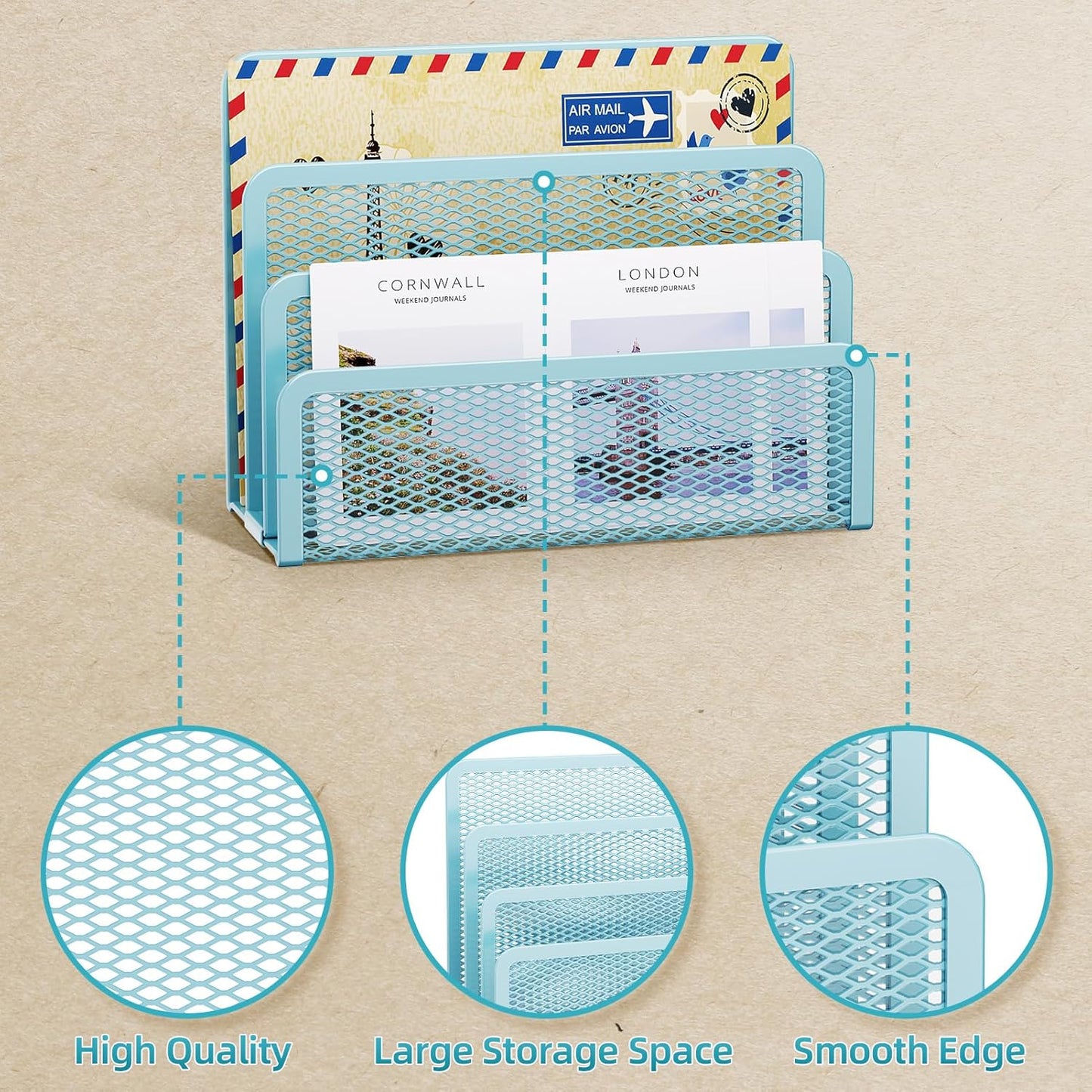 Marbrasse Mail Organizer for Desk, 3-Slot Mesh Metal Mail Holder countertop, Letter Holder, Office Desktop Envelope and Document Storage Rack (Blue)